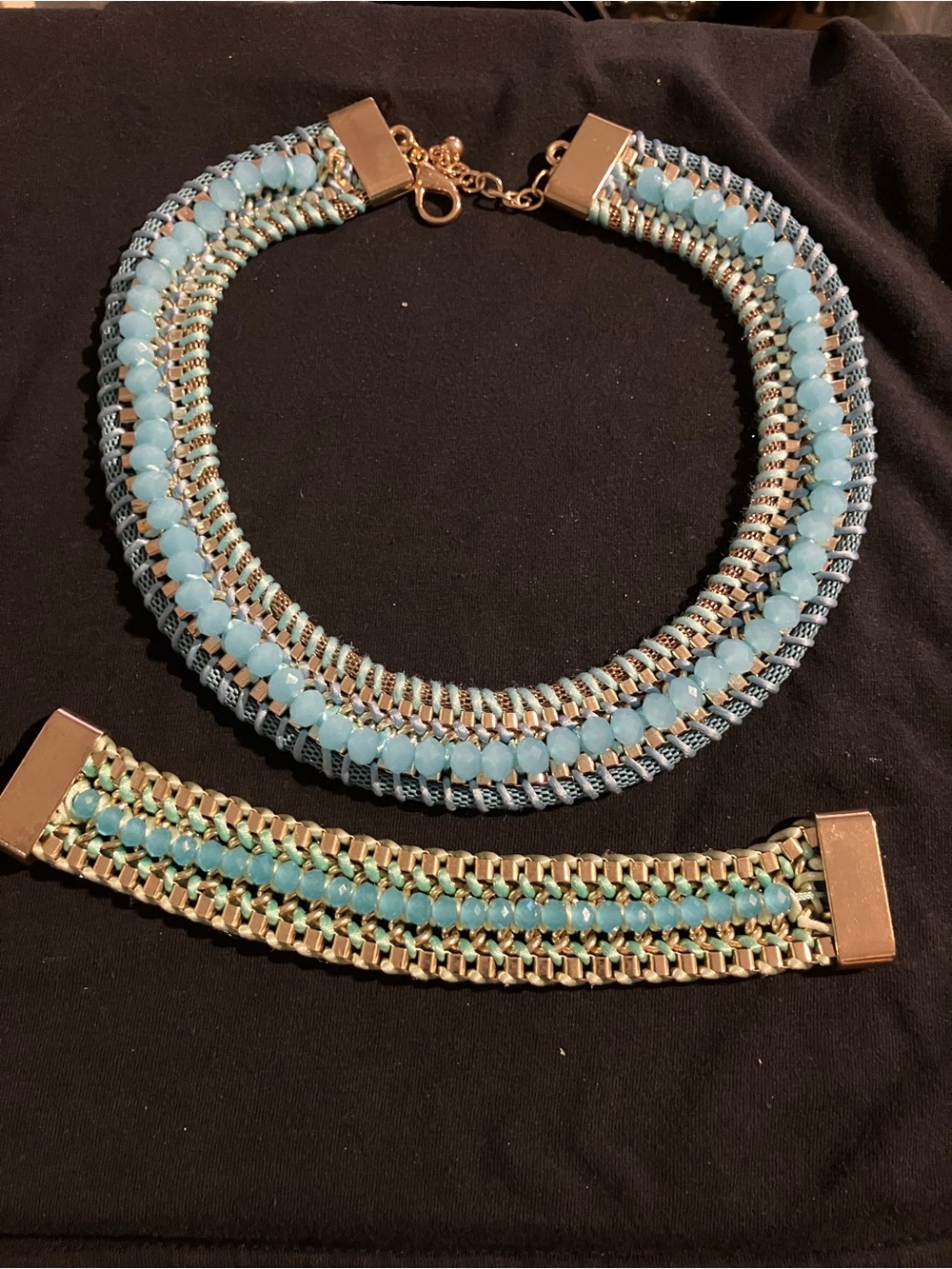 Gold-Tone Aqua Beaded Collar Necklace & Bracelet Set